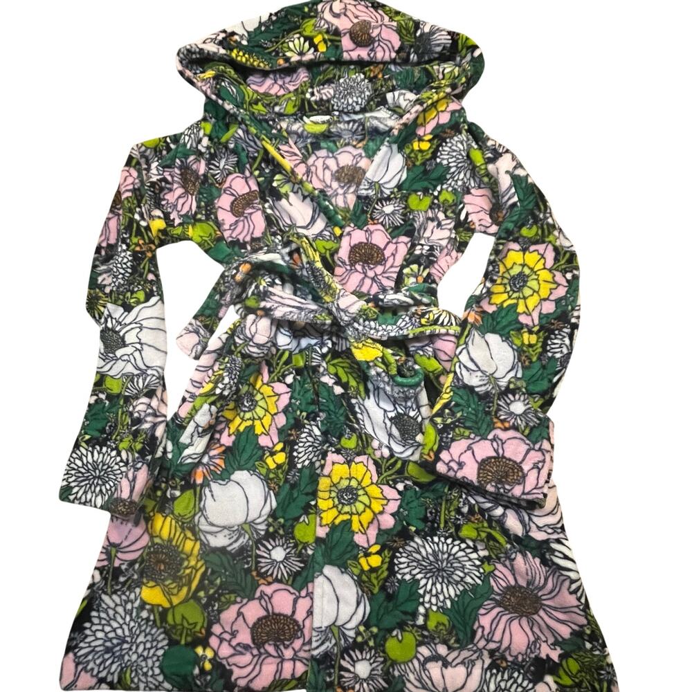 Vera Bradley Green Fleece Robe S/M Floral Hooded Belted Cozy Lounge Bathrobe